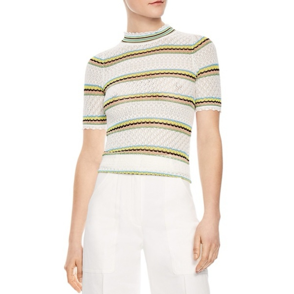 Sandro Striped Crochet Short Sleeve Top